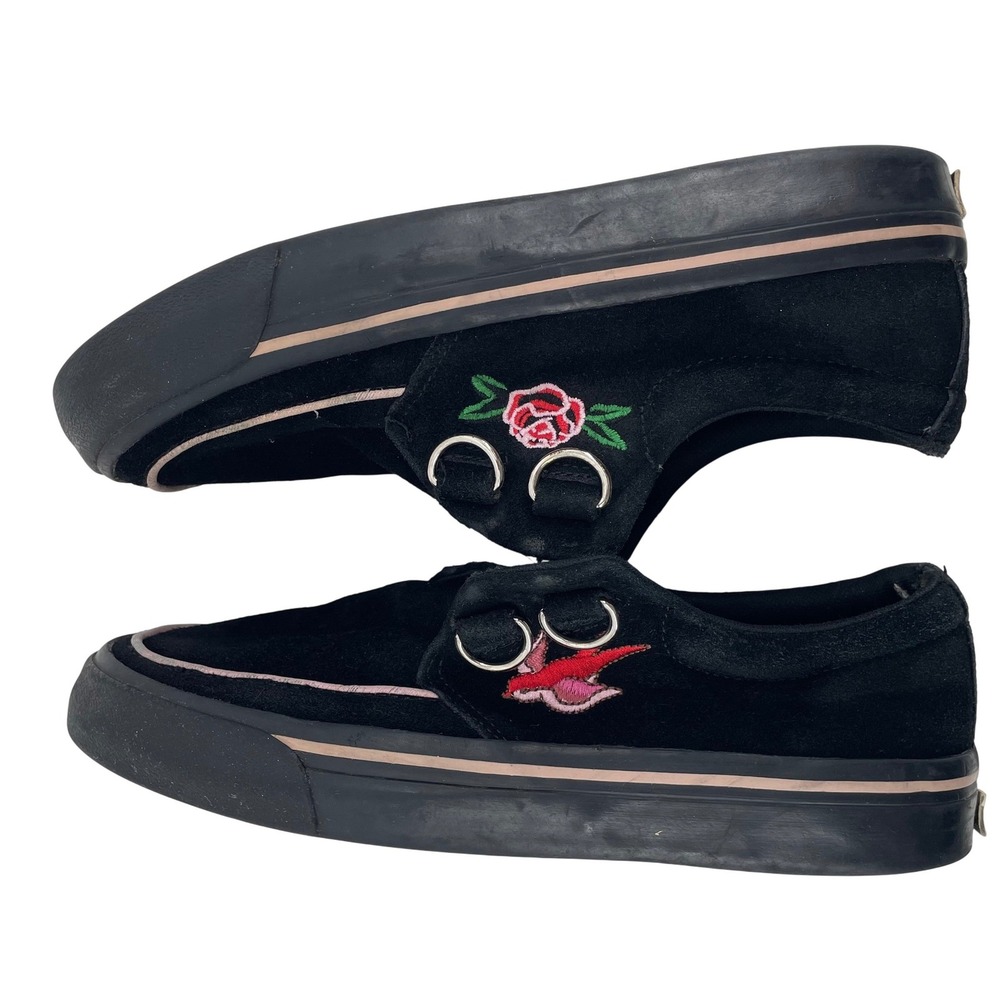 TUK VLK Creeper Sneakers Womens 6 Black Suede Rose Swallow Embroidery Rockabilly